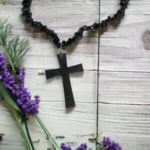 Black Onyx Cross with Onyx stone chips necklace Minimalist neutral